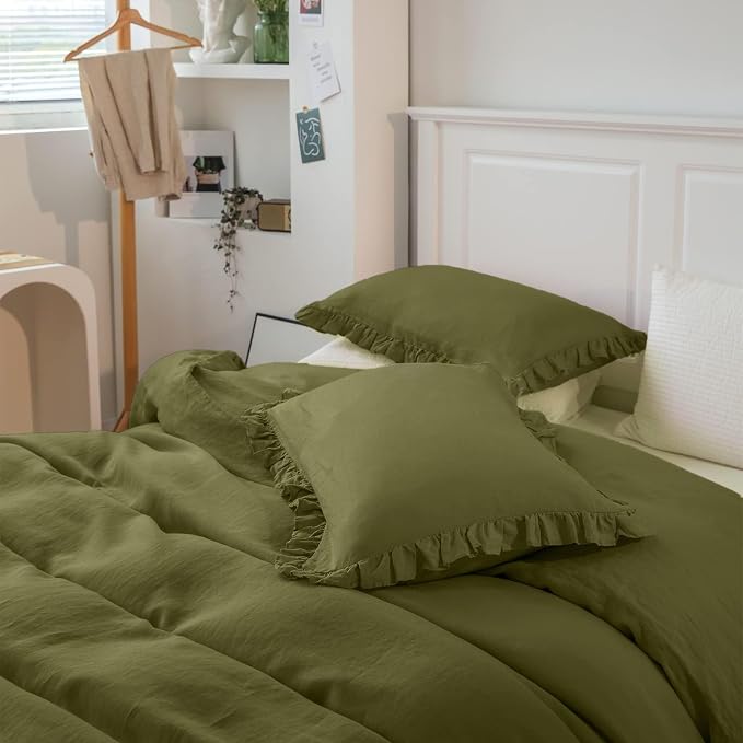 Simple&Opulence 100% Linen Duvet Cover Set, 3 PCS Natural French Flax Ruffle Duvet Cover King Size, Breathable Comfy Linen Bedding Comforter Cover with 2 Pillowcases (Olive Green, 104" X 92")