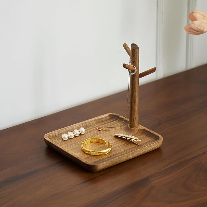 Solid Acacia Wood Key Tray and Bowl for Entryway Table - Jewelry Tray With 3 Hooks, Open Storage for Wallet, Glasses, Watches, Lipstick (Acacia, Square)