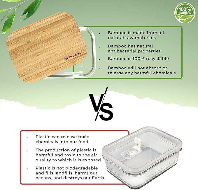 Bambooware Glass Containers with Lids | Non Plastic Glassware Set - Natural Raw Organic Wooden Bamboo Lids | Set of 4 | Reusable, BPA Free | Perfect for Meal Prep, Lunch, Leftovers, Kitchen