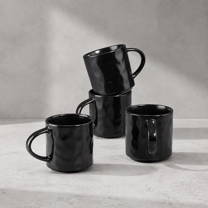 HaWare 14OZ Coffee Mugs Set of 4, Stoneware Coffee Cups with Handle, Latte Mug for Man, Woman, Dad, Mom, Modern Tea Mugs for Latte/Cappuccino/Cocoa/Milk, Dishwasher& Microwave Safe, Matte Black