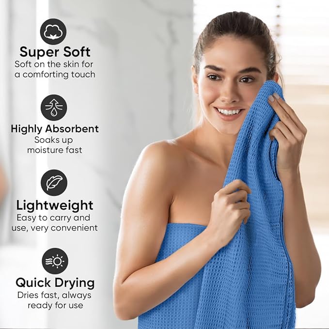 HOMEXCEL Waffle Bath Towels 4 Pack, Premium Microfiber Beach Towels, Ultra Soft, Lightweight, Highly Absorbent Quick Dry Towel for Bathroom, Beach, Pool, Gym, Shower, Hotel and Spa, 30 x 60 Inch Blue