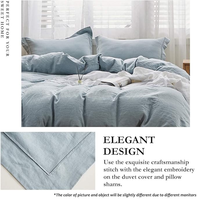Simple&Opulence 100% Linen Duvet Cover Set with Embroidery Border Washed - 3 Pieces (1 Duvet Cover & 2 Pillow Shams) with Button Closure Soft Breathable Farmhouse - Dusty Blue, Full Size