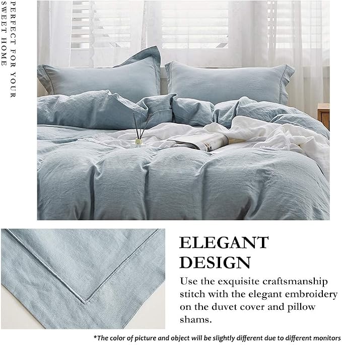 Simple&Opulence 100% French Flax Linen Duvet Cover Set with Embroidery Washed - 3 Pieces (1 Duvet Cover with 2 Pillow Shams) with Button Closure Soft Breathable Farmhouse - Dusty Blue, King Size