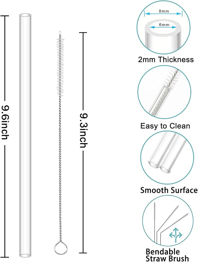 HEYSKAY Reusable Drinking Straw Compatible with Hydro Flask 18-64oz Wide Mouth Water Bottle with 2 Straw Brushes, 6 Pcs Replacement Clear Tritan Straws for Other Brand Wide Mouth Sport Water Bottle