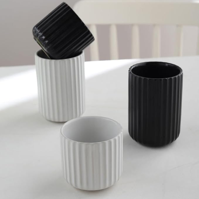 Nordic Ceramic Mug, Japanese Tea Cup 6oz Striped Cup No Handle Drinking Cup for Espresso, Cortado, Matcha, Green Tea, Microwave and Dishwasher Safe, Minimalist coffee Cup, Matte Black