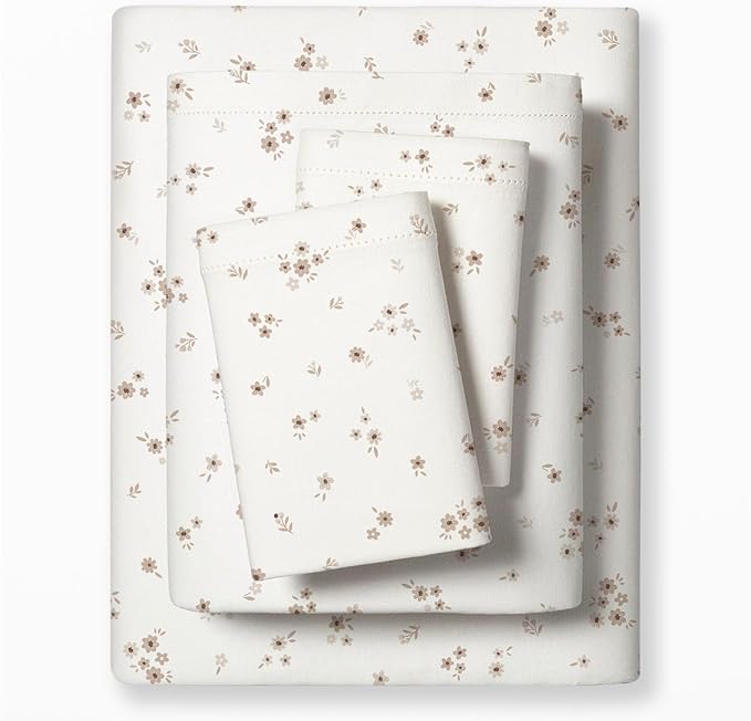 MakeMake Organics Organic Queen Sheet Set GOTS Certified Organic Cotton Sheets Queen Bed Fitted Sheet Flat Sheet Pillowcases Set - Ultra Soft Non Toxic Breathable Ditsy Flowers Peach (Queen, Bloom)