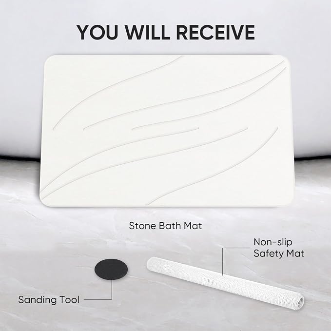 Jiloma Stone Bath Mat Diatomaceous Earth Shower Mat Non-Slip Super Absorbent Bathroom Floor Mat Quick Drying Natural Easy to Clean(24 * 16 White)