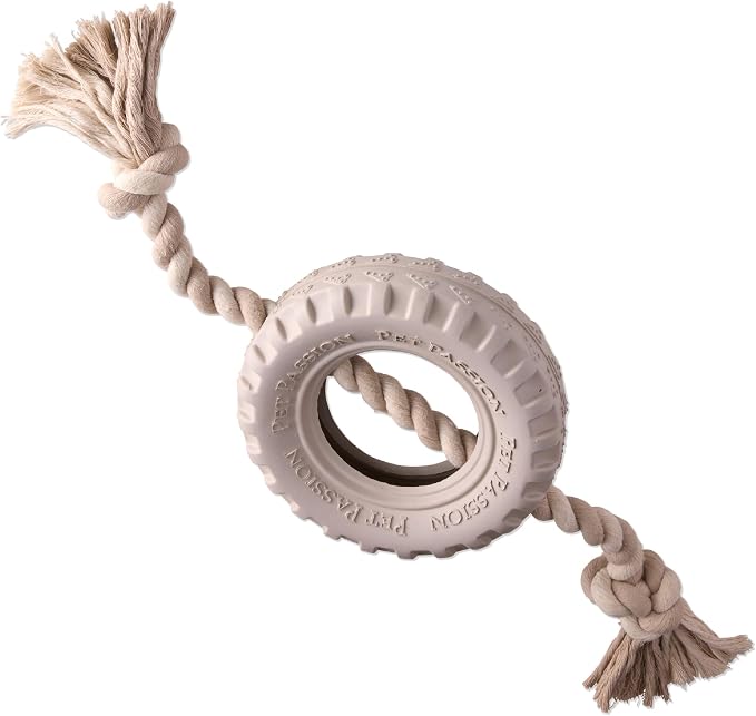 Pet Passion Natural Rubber Tire and Organic Cotton Rope Pull and Chew Dog Toy for All Pet Breeds, Almond Milk, Large
