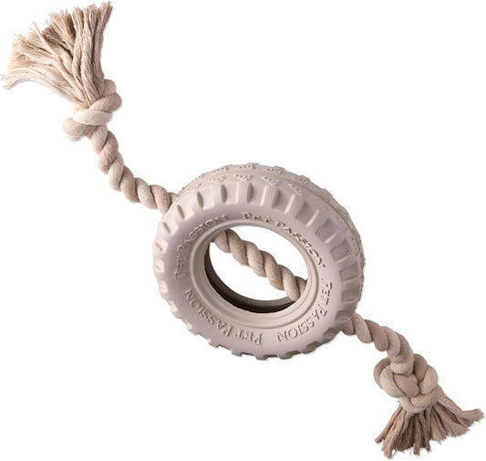 Pet Passion Natural Rubber Tire and Organic Cotton Rope Pull and Chew Dog Toy for All Pet Breeds, Almond Milk, Medium