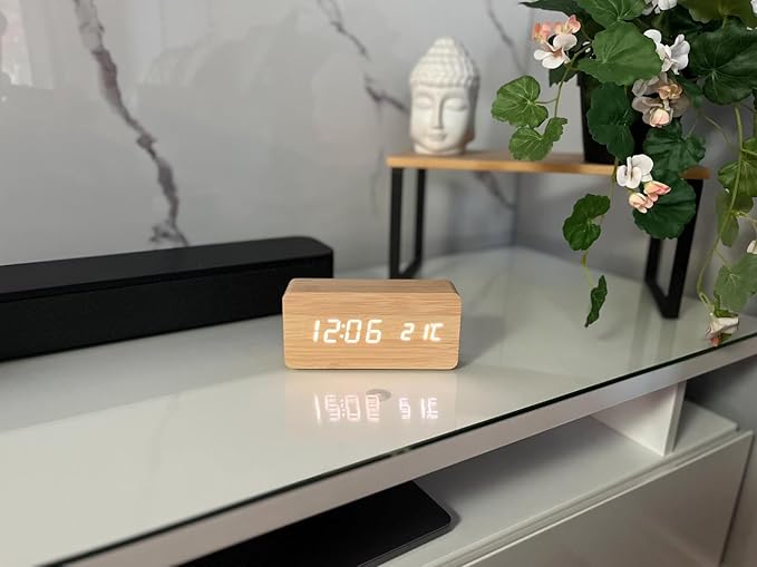 Wooden LED Alarm Clock | Digital Desk Clock with Temperature, Calendar & Voice Control, Adjustable Brightness, USB/Battery Powered | Modern Wood Style Clock for Bedroom, Office, Nightstand, Gift
