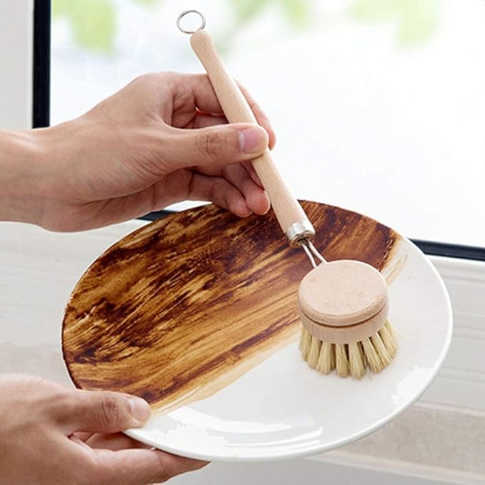 5 Pack Bamboo Dish Brush Set with Flannel Bag, Natural Sisal Bristle Kitchen Scrub Brush, Long Handle Bottle Brush and Dish Scrubber for Cleaning Pots Pans Cast Iron Vegetables Sink