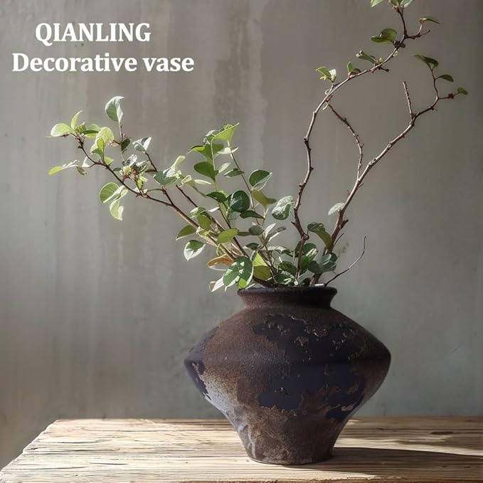 Wabi Sabi Rusty Vintage Vase, 6.3" Tall Wabi Sabi Decor Rustic Farmhouse Pottery Vase for Centerpiece, Textured Pottery Flower Vases for Home Decorative, Table, Living Room, Bedroom, Bathroom, Kitchen