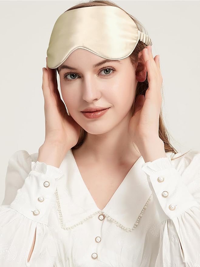100% Mulberry Silk Eye Mask for Sleeping with Silk Wrapped Adjustable Strap,Beige
