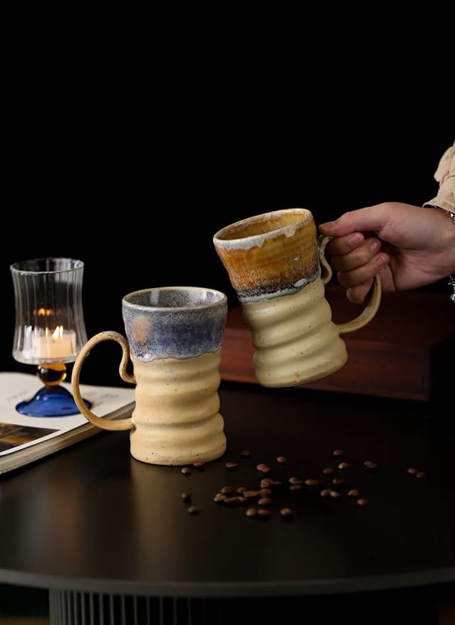 17oz Large Unique Cool Tall Handmade Ceramic Coffee Mug with Comfortable Big handle, Big Pottery Tea Mug, Artisanal Stoneware Coffee cup, Rustic Lead-free Tea Cups, Microwave safe Coffee Cup