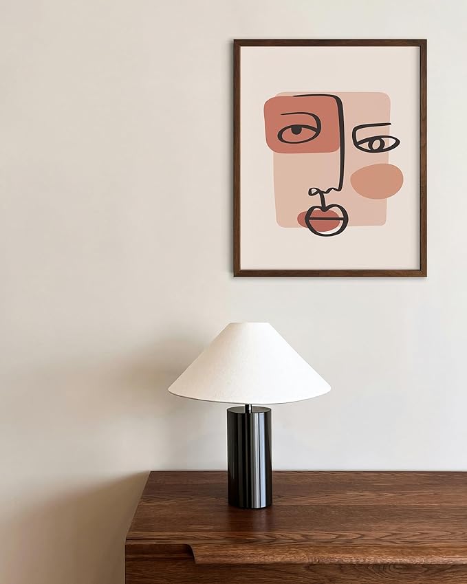 Abstract Face Wall Art Continuous Line Drawing Organic Shapes Earth Tones Terracotta Mid Century Modern 8x10 Inch Oak Wood Walnut Framed Minimalist Portrait for Bedroom Decor