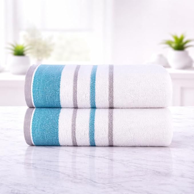 CASA COPENHAGEN White Bay 2Pcs 100% Egyptian Cotton Large Designer Bathsheet Towels Gift Set- Grey - Teal, 600GSM, 35"x70" 2Bath Sheet Towels for Bathroom (Gift Set for Women & Men)