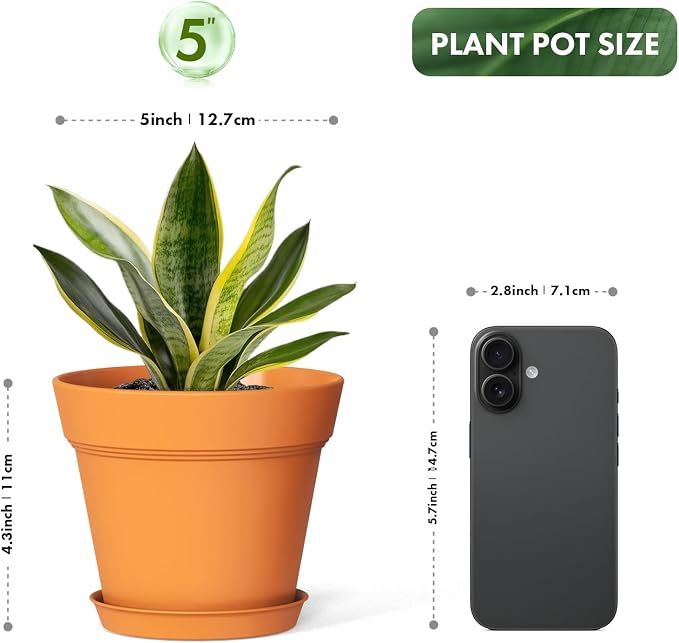 WSMKSZ 5 Inch Plastic Plant Pots with Drainage Holes and Trays – 6 Pack Small Nursery Pots for Indoor & Outdoor House Plants and Flowers, Seedling Starter Planters, Terracotta