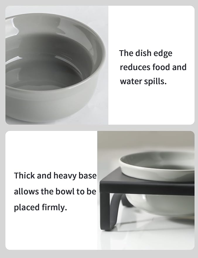 Ceramic Grey Dog Bowls Set - 5 inch Dog Food & Water Bowls, Elevated Feeding Bowls with Metal Stand for Small Size Dog,Puppy Bowl Set for Wet and Dry Food