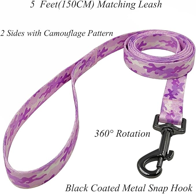 Dog Collar Leash Set, Camouflage Pattern, Polyester Material, Adjustable Collar and 5ft Matching Leash, for Small Dogs.(S, Purple Camo)