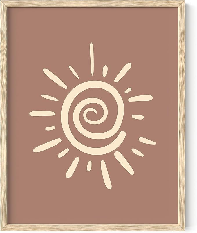 Abstract Spiral Sun Wall Art Swirl Sunburst Print Earth Tones Terracotta Tan Mid Century Modern 11x14 Inch Oak Wood Beige Framed Tribal Boho Decor for Living Room