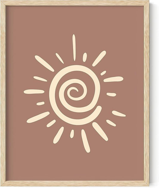 Abstract Spiral Sun Wall Art Swirl Sunburst Print Earth Tones Terracotta Tan Mid Century Modern 11x14 Inch Oak Wood Beige Framed Tribal Boho Decor for Living Room