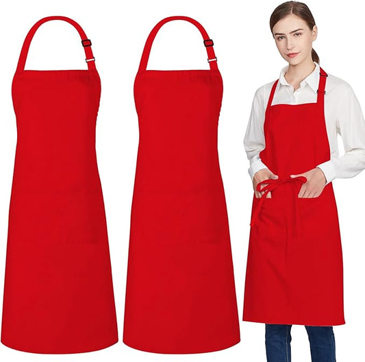Jubatus 2 Pack 100% Cotton Aprons with 2 Pockets Cooking Chef Kitchen Adjustable Bib Apron for Women Men, Red