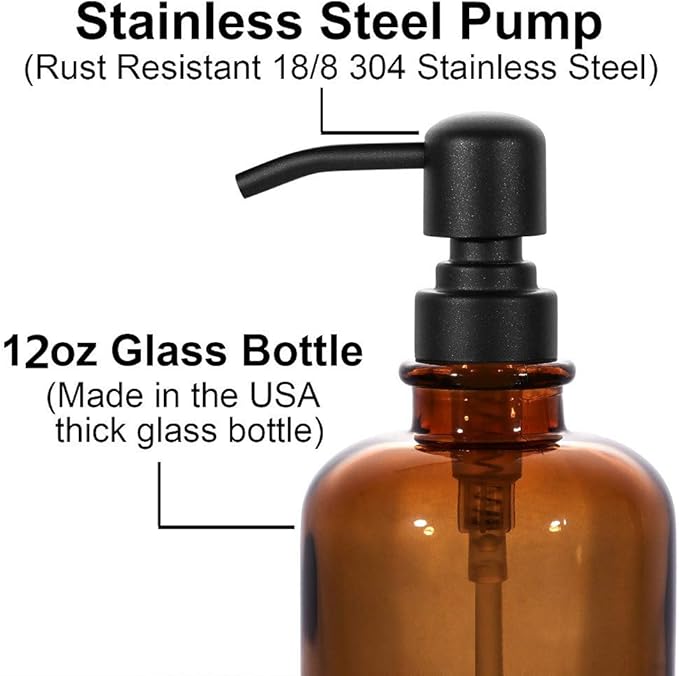 2 PCS Thick Amber Glass Jar Soap Dispenser with Matte Black Stainless Steel Pump, 12ounce Boston Round Bottles Dispenser with Rustproof Pump for Essential Oil (Matte Black)