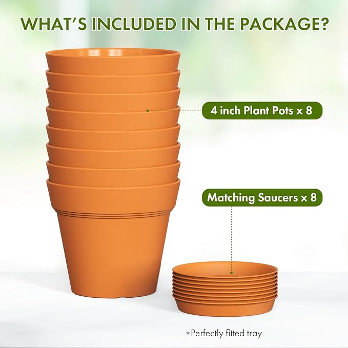 WSMKSZ 4 Inch Plastic Plant Pots with Drainage Holes and Trays – 8 Pack Small Nursery Pots for Indoor & Outdoor House Plants and Flowers, Seedling Starter Planters, Terracotta