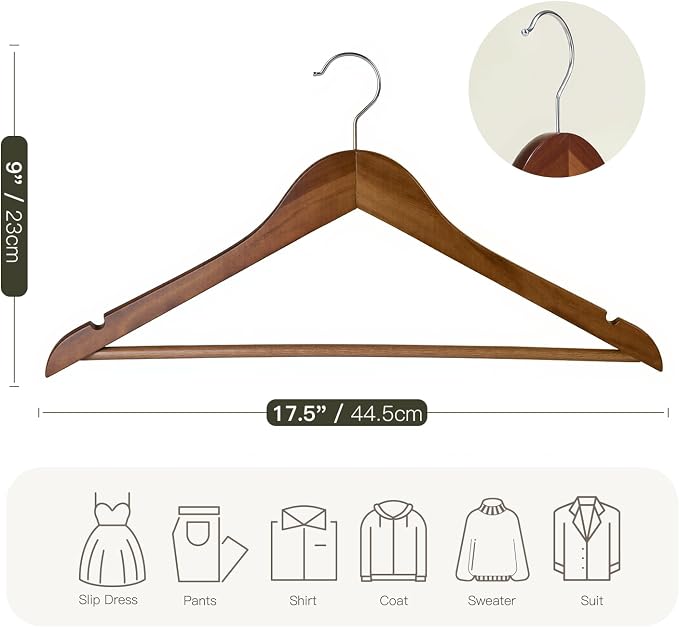 Wooden Hangers 90 Pack,Heavy Duty Solid Wooden Clothes Hangers with Pant Bar,360-Degree Rotatable Hook,Durable & Slim Wood Hangers for Coats,Jackets,Dress,Pants(Walnut)