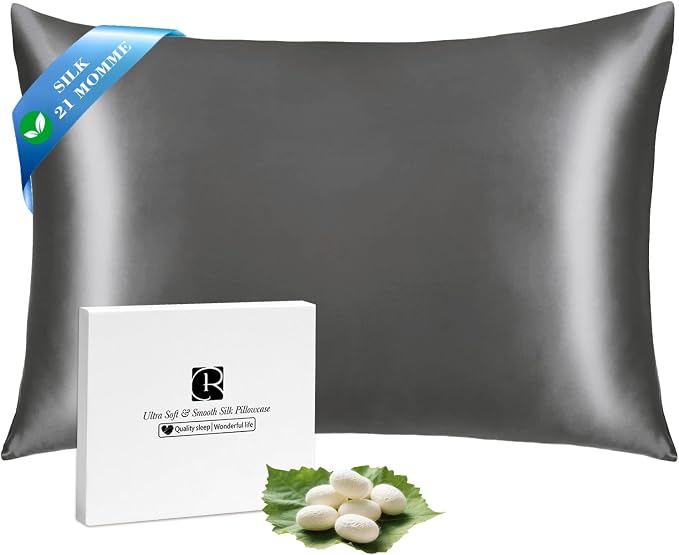 Ravmix 100% Silk Pillow Cases with Zipper, 21 Momme Mulberry Silk Pillowcase for Hair Skin Health, Soft Smooth Breathable Cooling Pillow Cover for Beauty Sleep(Standard 20"x26", Space Grey), 1PCS
