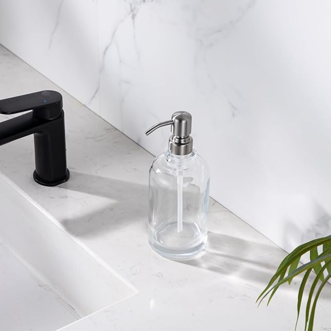 Glass Soap Dispenser Clear with Brushed Nickel Pump, 16.9 OZ Liquid Soap Dispenser Cylindrical with Stainless Steel Pump for Dish Hand Soap Bathroom Kitchen Vanity Countertop