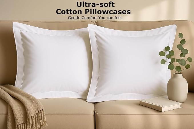 2 Pack Euro Pillow Shams 24x24 – 600 Thread Count 100% Organic Cotton White Square Pillow Covers with 2 Inch Flange, Soft & Smooth Premium Hotel-Quality Pillowcases Set of 2