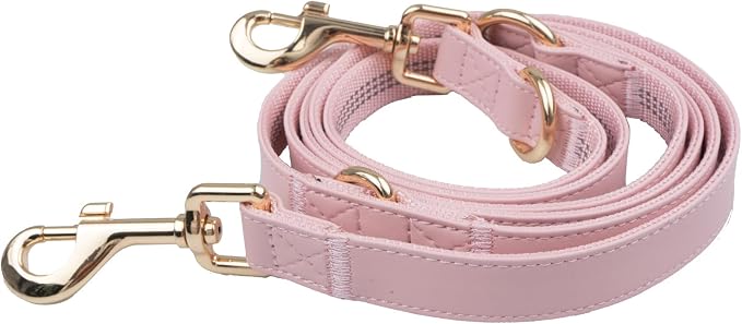 Leather Dog Collar and Leash Set 7FT Reflective at Night - Soft and Easy to Clean Vegan Leather with Gold Metal Buckle for Small Medium Large Dogs (L, Pink)
