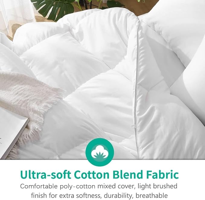 APSMILE Luxurious Queen Size Down Feather Fibers Comforter, Ultra-Soft All Season Duvet Insert, Fluffy Hotel Collection Down Feather Fibers Comforter with 8 Ties(90x90, White)