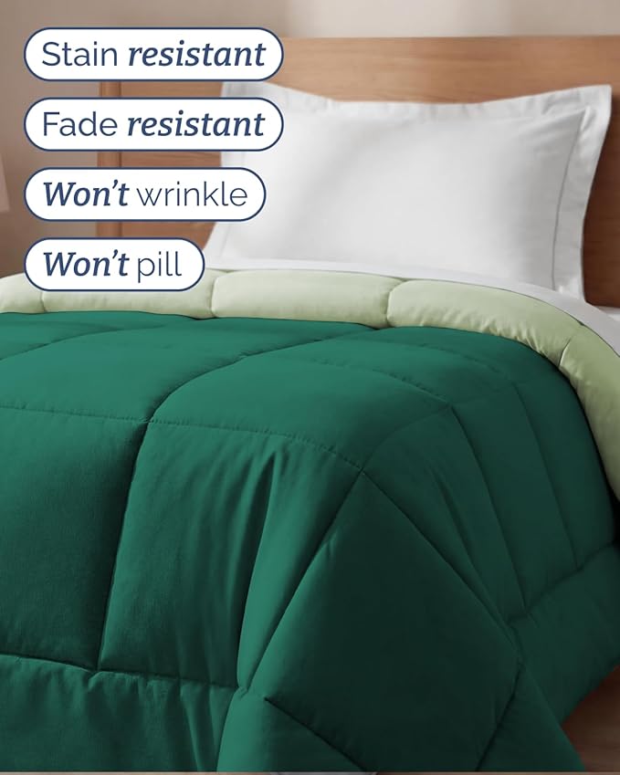 Twin Size, Emerald/Light Sage Green Alternative Down Comforter - Warm & Breathable Hotel Quality Bedding for Men, Women, Kids & Teens - All Season Oversized Cooling Microfiber Duvet Insert Comforter