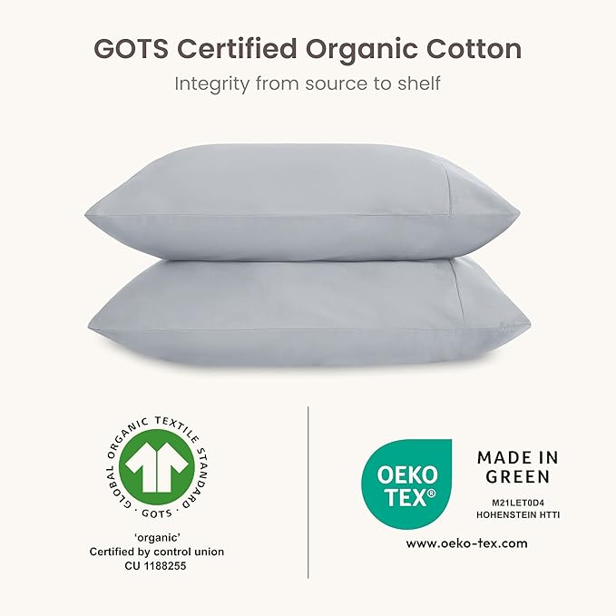 Bioweaves 100% Organic Cotton Envelope Pillow Cases 300 Thread Count Soft Sateen Weave GOTS Certified – 20 X 27, Set of 2, Shore