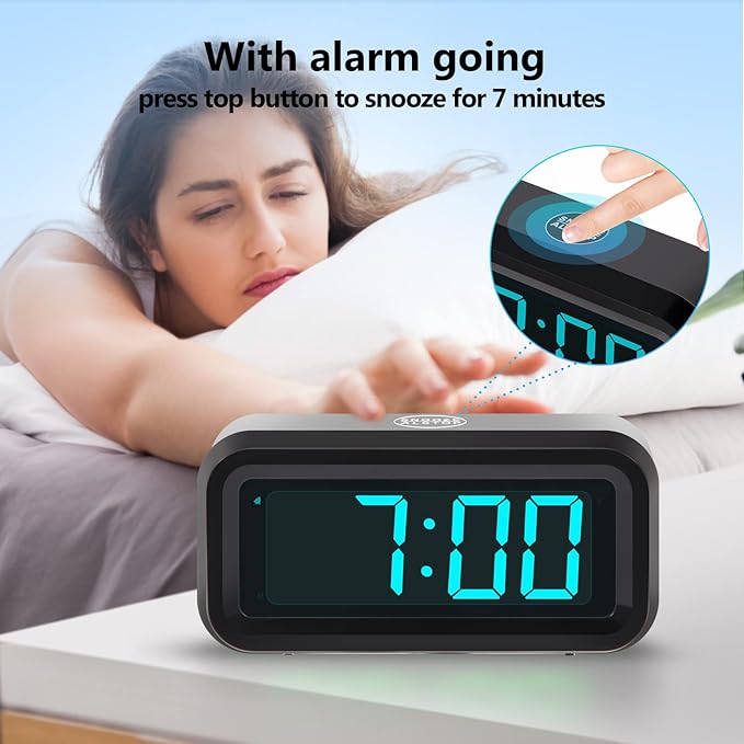 Digital Alarm Clock Battery Operated with LED Display for Bedrooms, Long Battery Life, 3 Brightness Adjustable, 12/24 Hour, Snooze, Black Case with Blue Digits