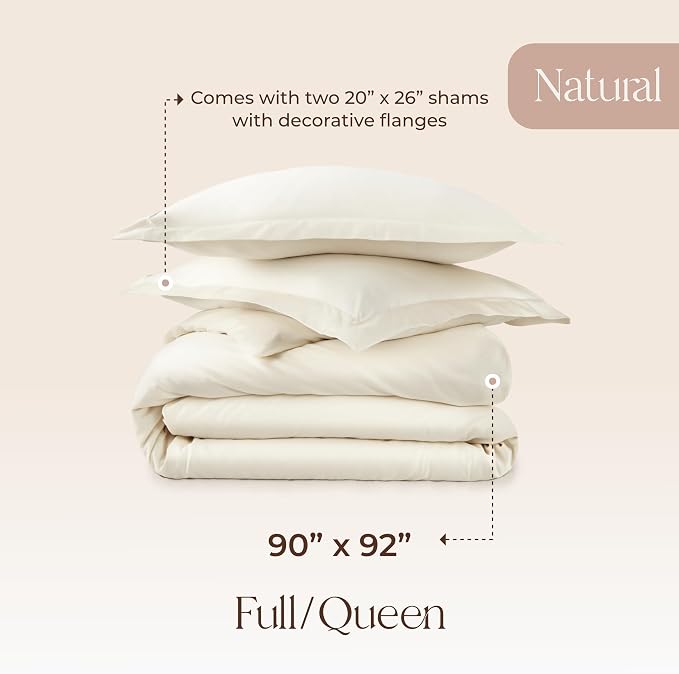 100% Organic Cotton Duvet Cover Queen Size - Naturally Soft Lightweight & Cooling Duvet Cover Set with Decorative Shams - Premium GOTS Certified 300 Thread Count Sateen Weave (Natural, Queen)