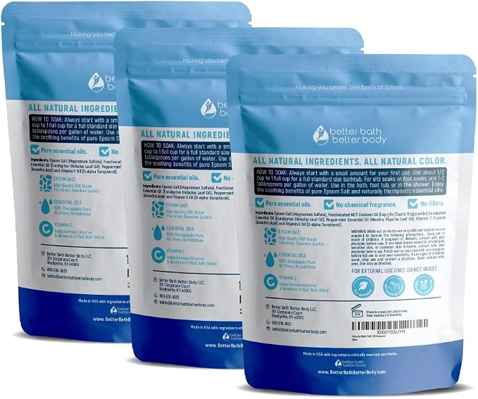 Muscle Bath Salt (3-Pack with Scoop) Muscle Bath Soaks with Pure Essential Oils in BPA Free Pouch with Press-Lock Seal Made in USA, Three 2-lbs Pouches 6-Lbs Total
