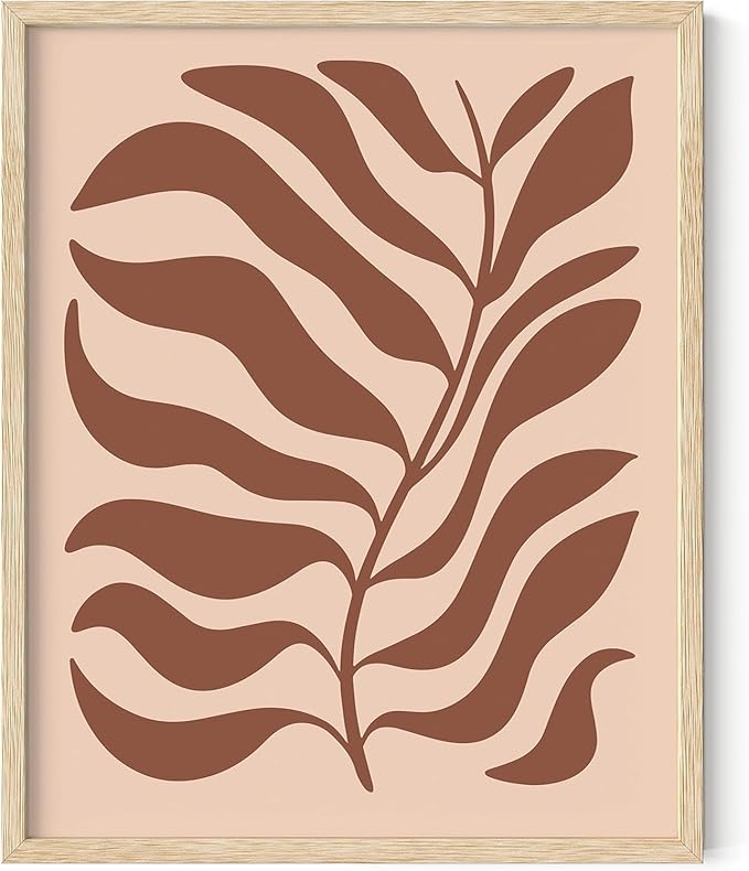 Abstract Organic Leaf Silhouette Wall Art Botanical Shapes Earth Tones Terracotta Mid Century Modern 8x10 Inch Oak Wood Beige Framed Minimalist Print for Bedroom Decor