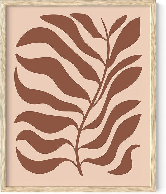 Abstract Organic Leaf Silhouette Wall Art Botanical Shapes Earth Tones Terracotta Mid Century Modern 8x10 Inch Oak Wood Beige Framed Minimalist Print for Bedroom Decor
