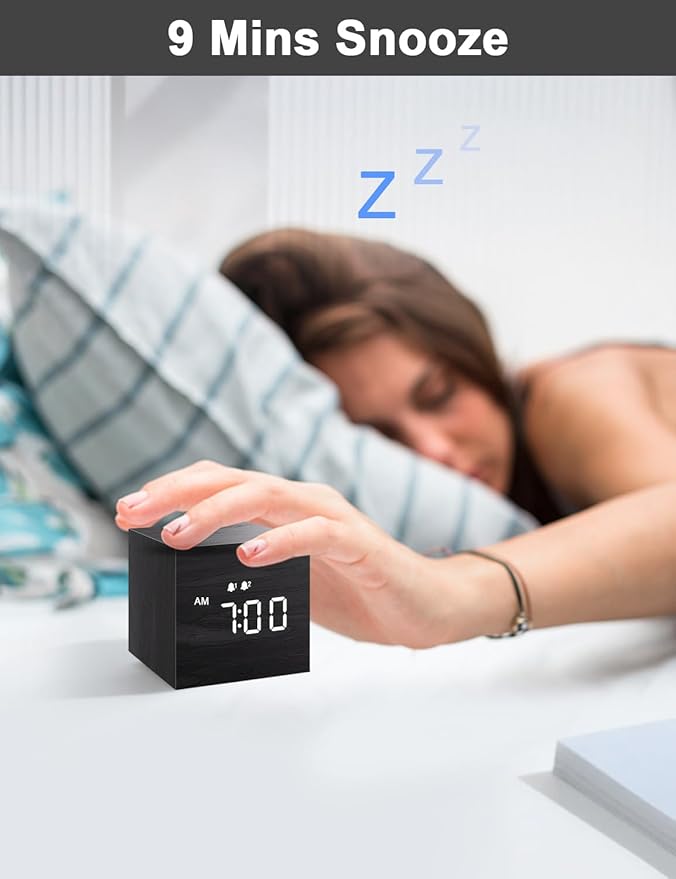 JALL Digital Alarm Clock, with Wooden Electronic LED Time Display, 3 Alarm, 2.5-inch Cubic Small Mini Wood Made Electric Clocks for Bedroom, Bedside, Desk, Black