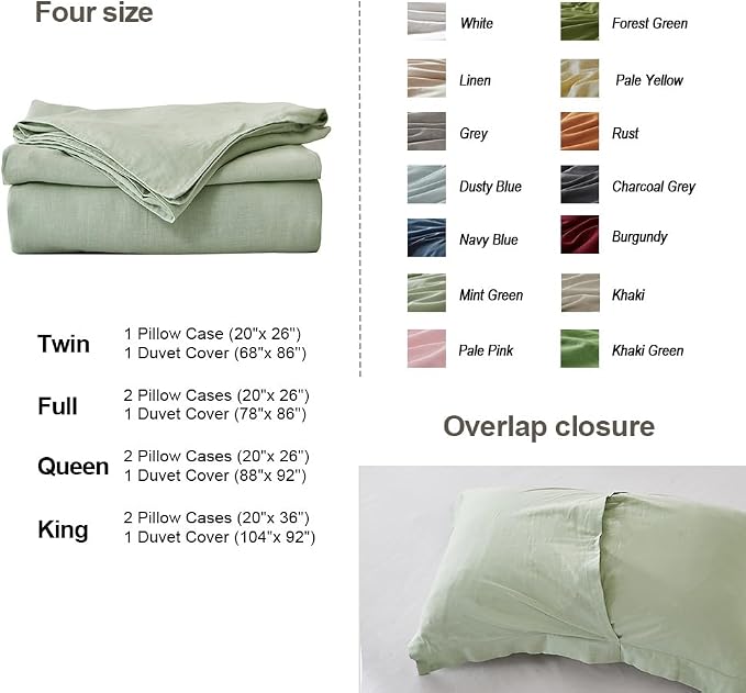 Simple&Opulence French Linen Duvet Cover Set 88" x 92"- 3 Pieces (1 Comforter Cover,2 Pillowcases)- Natural Flax Cotton Blend-Solid Color Breathable Farmhouse Bedding-Mint Green, Queen