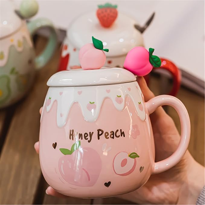 Coffee Mug Cups Ceramic Tea Cup Fruits Peach Shaped Handmade Pottery Cute Mugs With Lid Spoon Handle Office Home Hot Ice Chocolate Milk Mugs Gifts Microwave Dishwasher Safe Travel Mugs (Rose)