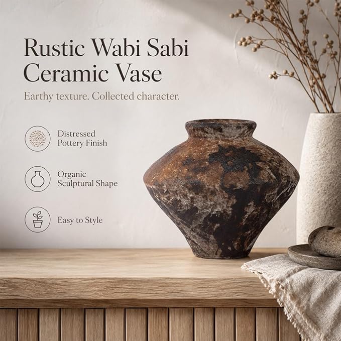 Small Wabi Sabi Rusty Vintage Ceramic Vase, 6.3" Rustic Pottery Vase for Centerpieces, Wabi Sabi Decor Flower Vases for Table, Living Room, Bedroom, Bathroom, Kitchen, Farmhouse Home Decor Gifts