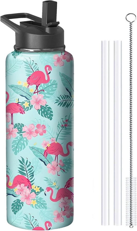 40oz Flamingo Water Bottle with Handle and Flip Straw, Animal Sports Stainless Steel Insulated Cup Travel Coffee Mug Tumbler, Birthday Mothers Day Chritmas Gifts for Women