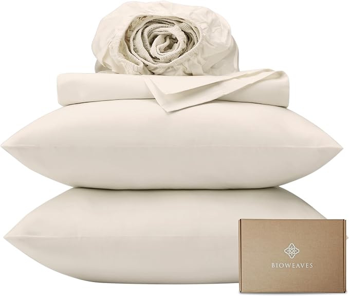 BIOWEAVES 100% Organic Cotton Sheets, 300 Thread Count 4-Piece GOTS Certified Bed Sheet Set Fits Mattress Upto 17" Deep Pocket, Soft & Silky Sateen Weave (Queen, Cream)