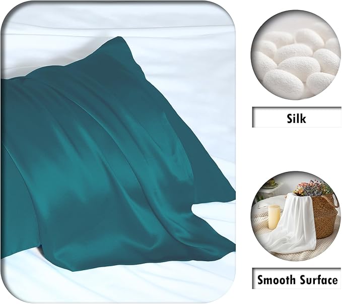 Silk Pillow Cases 2 Pack,Soft Breathable and Sliky Standard Size Pillow Cases Set of 2,Natural Mulberry Silk Pillowcase Set of 2 for Hair and Skin with Hidden Zipper (Teal,20"X 26",2pcs)