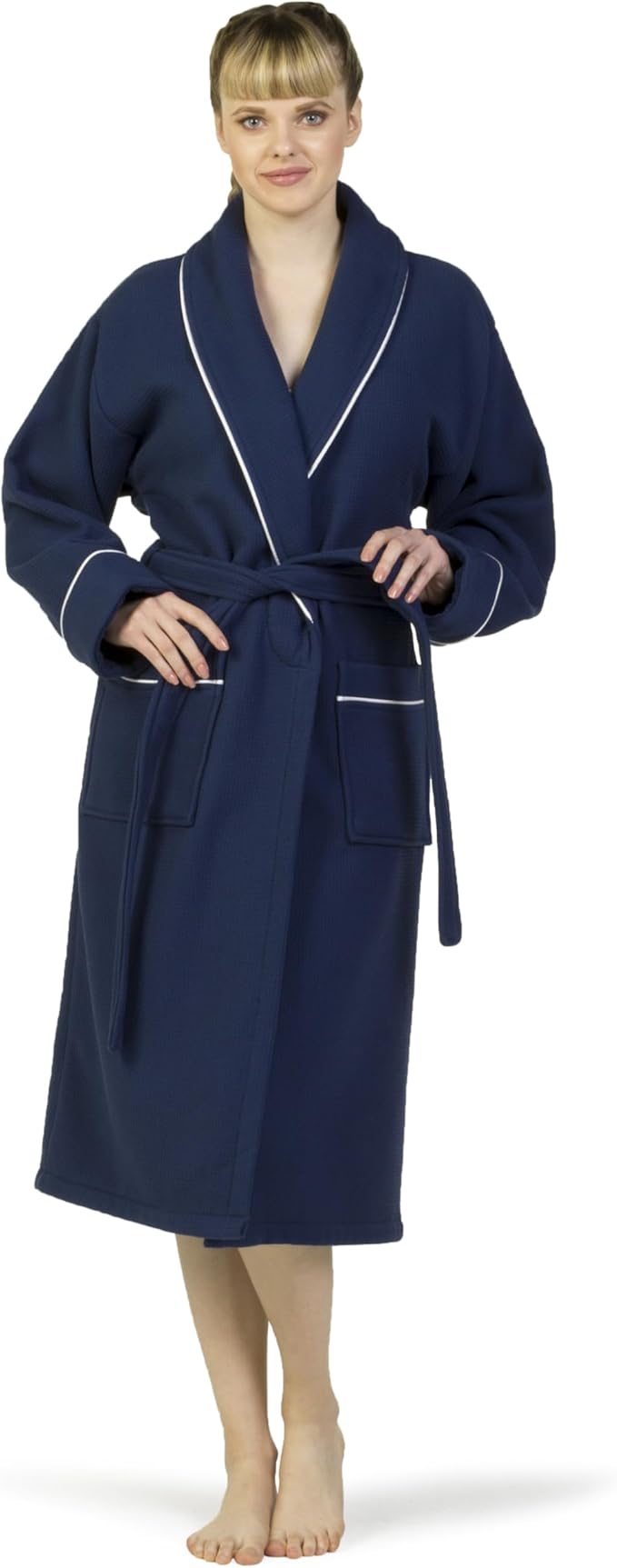 Luxury Turkish Cotton Bathrobe for Women & Men, Waffle Terry Shawl Collar Spa Robe with Satin Trim & Pockets