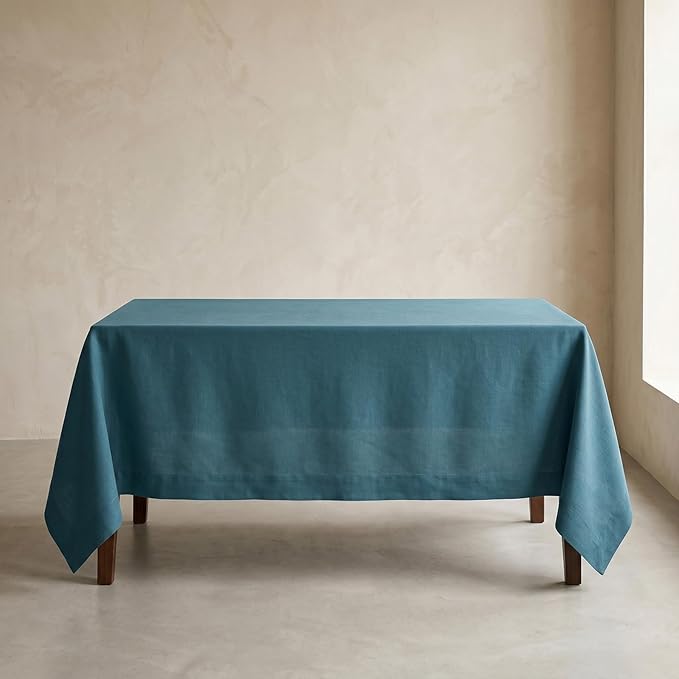 Solino Home Linen Tablecloth for Rectangle Tables 60 x 144 Inch - 100% Pure Linen Peacock Blue Table Cloth - Fete, Machine Washable Cloth Tablecloth